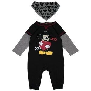 DISNEY MICKEY MOUSE HUGS & KISSES ROMPER W/ BIB - BLACK MULTI SIZES (NWT) A12